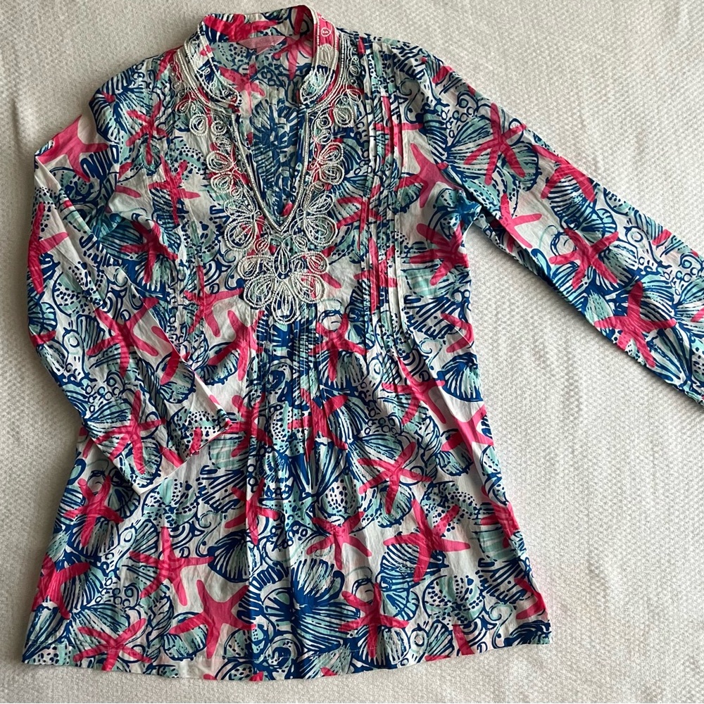 LILLY PULITZER-Sarasota V Split Neck Beaded She Shells Tunic Top Sz XS Women